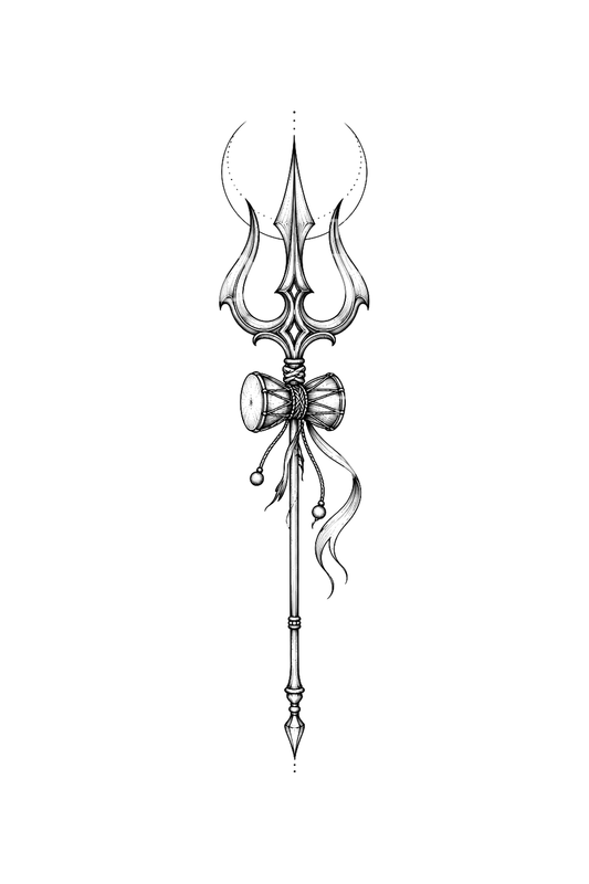 Shiva Trishul and Crescent Fine Line Tattoo