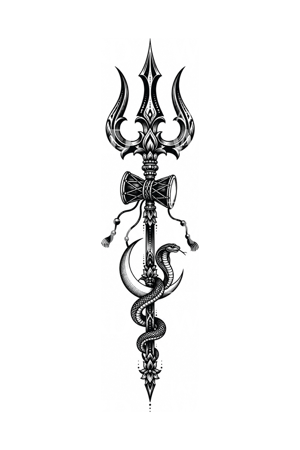 Tatueringsdesign med Shivas trishula och damaru
