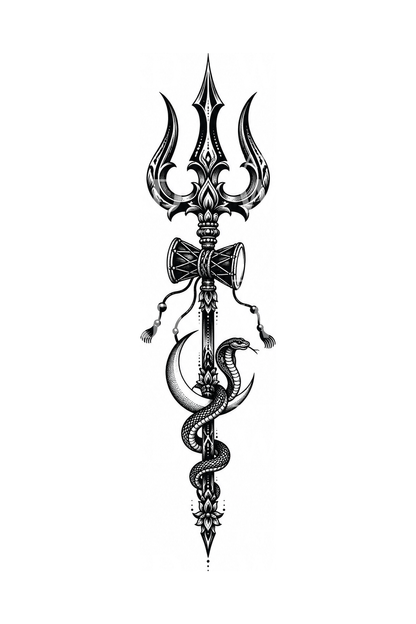 Tatueringsdesign med Shivas trishula och damaru