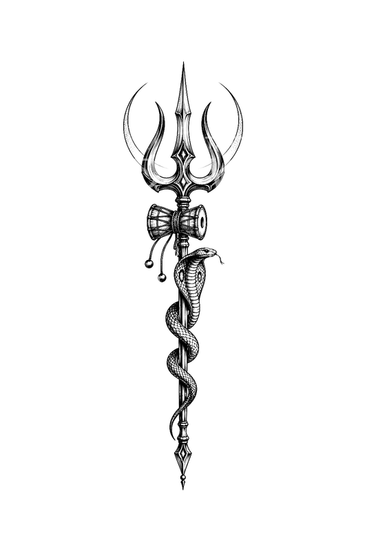 Fine line-tatovering av Shiva Trishula med kobra og damaru