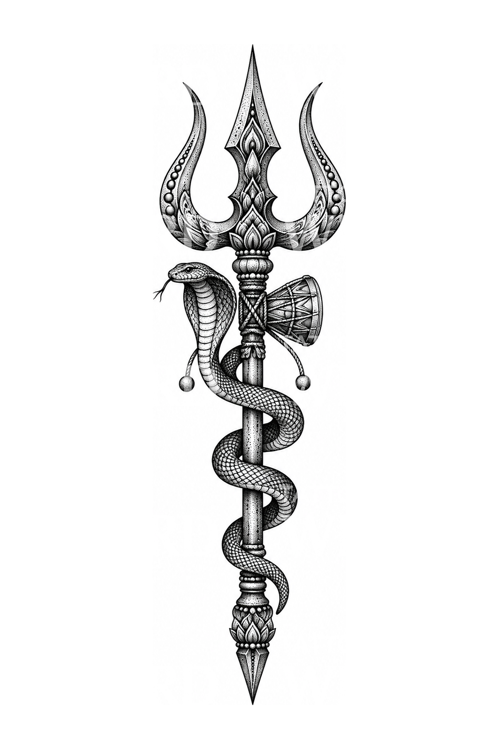 Shiva-trishula med damaru og kobra som dotwork-tatovering