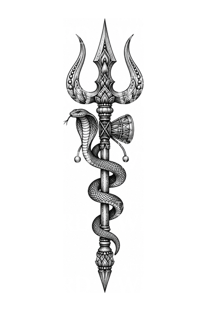 Shiva-trishula med damaru og kobra som dotwork-tatovering