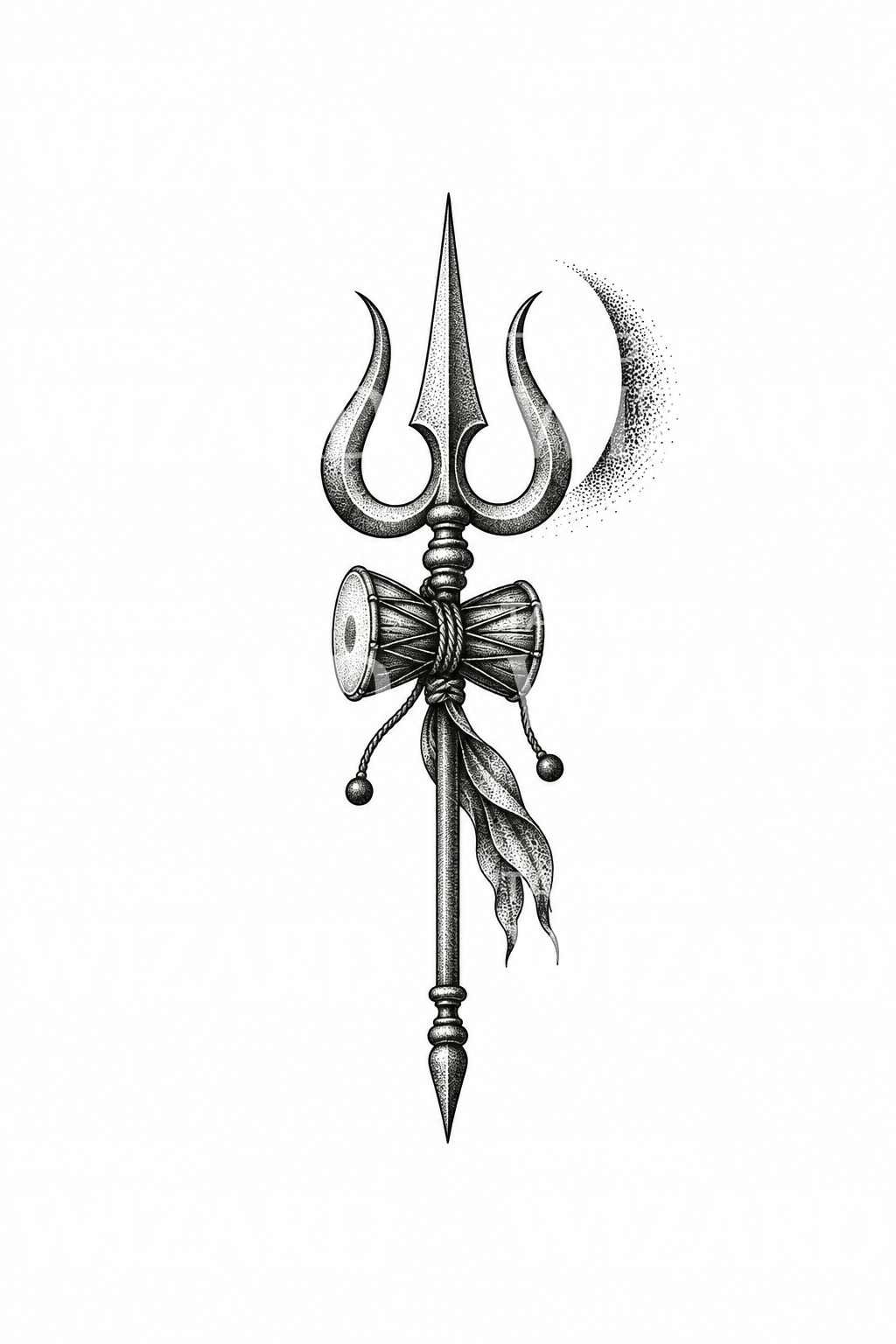 Damaru ve hilal ayla Shiva Trishula dotwork dövmesi
