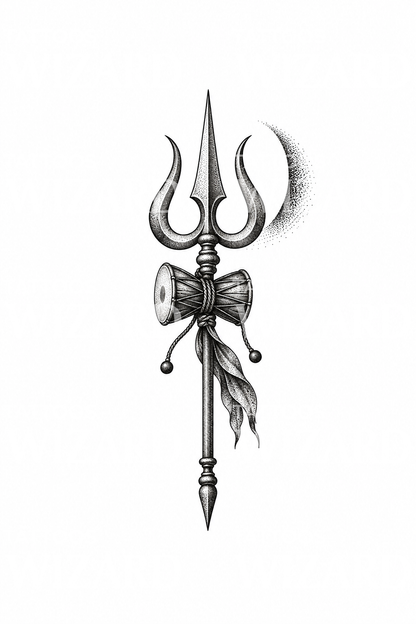 Damaru ve hilal ayla Shiva Trishula dotwork dövmesi