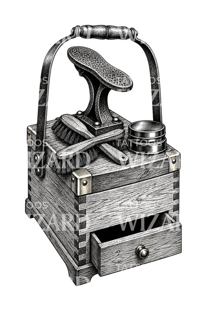 Shoe Shine Box with Brushes Tattoo Design