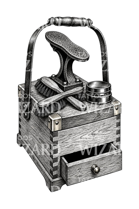 Shoe Shine Box with Brushes Tattoo Design