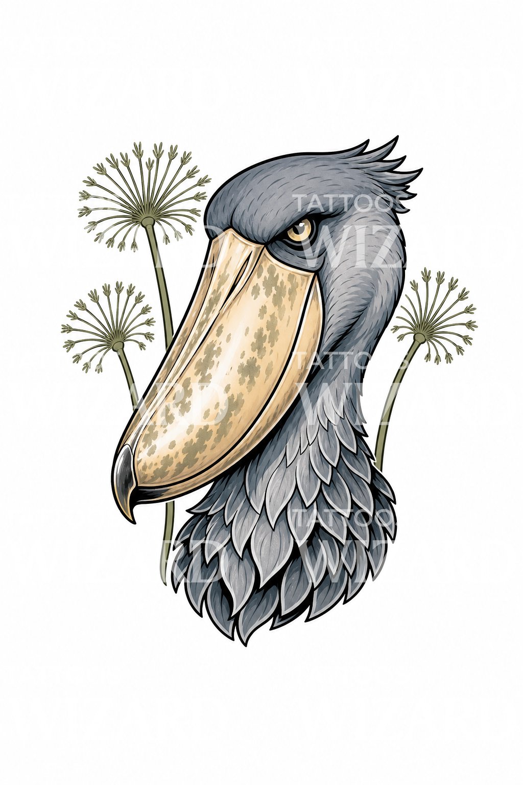 Shoebill Stork Portrait Tattoo Illustration