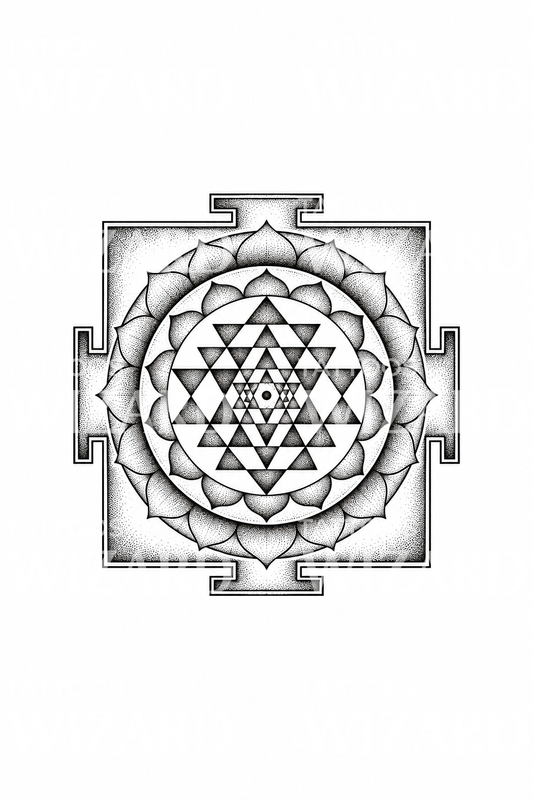 Shree Yantra kutsal geometri dotwork dövme tasarımı