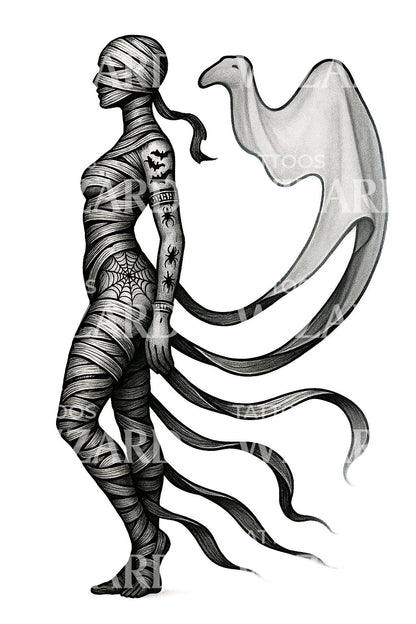 Shrouded Mummy Woman Tattoo Design