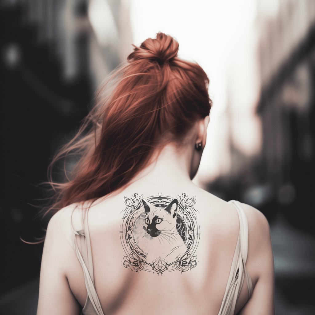 Siamese Cat Head with Floral Patterns Circle Tattoo Design