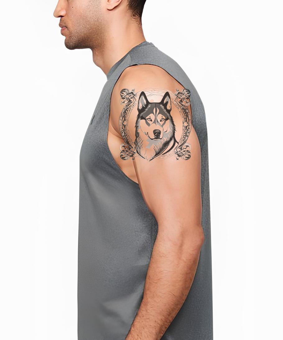 Design de Tatuagem de Cabeça de Cachorro Siberian Husky com Padrões Florais em Círculo