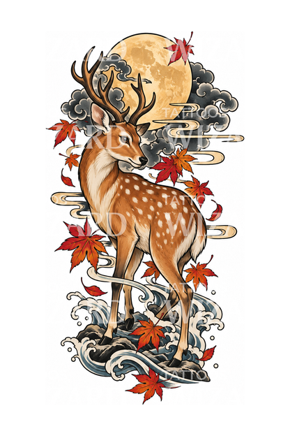 紅葉と満月を描いたニホンジカの和風タトゥー