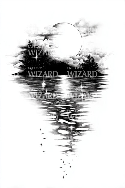 Silent Moon Lake Reflection Tattoo Design