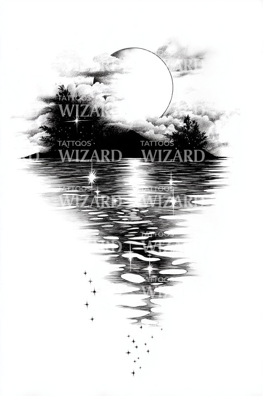 Silent Moon Lake Reflection Tattoo Design