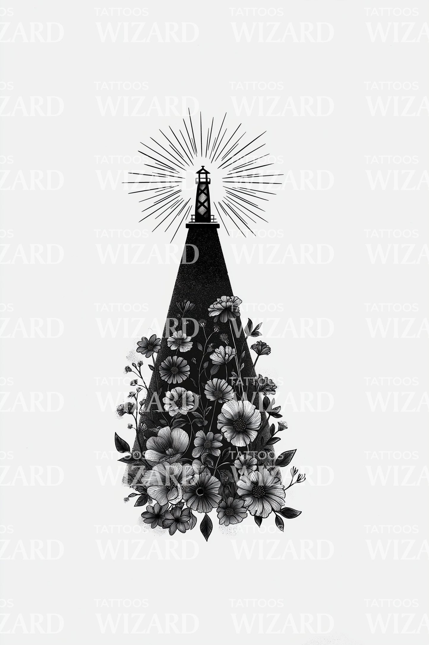 Silhouette Lighthouse Garden Tattoo Design
