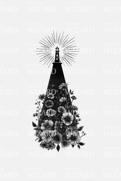 Silhouette Lighthouse Garden Tattoo Design