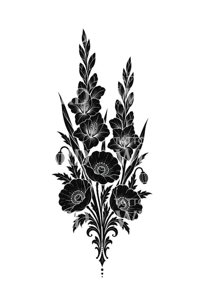 Tatoveringsdesign med silhuetter av gladioler og valmuer