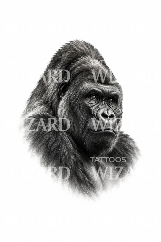 Tattoo-design med portræt af en silverback-gorilla