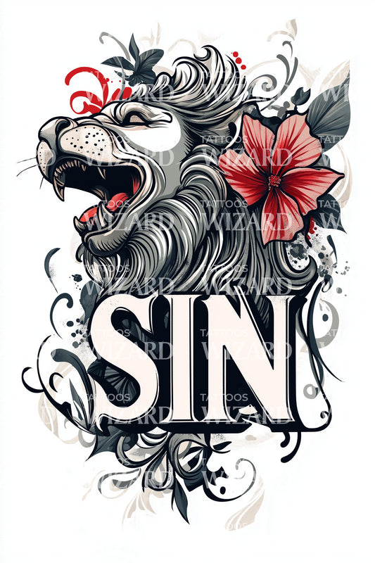 Singapore Lion Hibiscus Tattoo Design