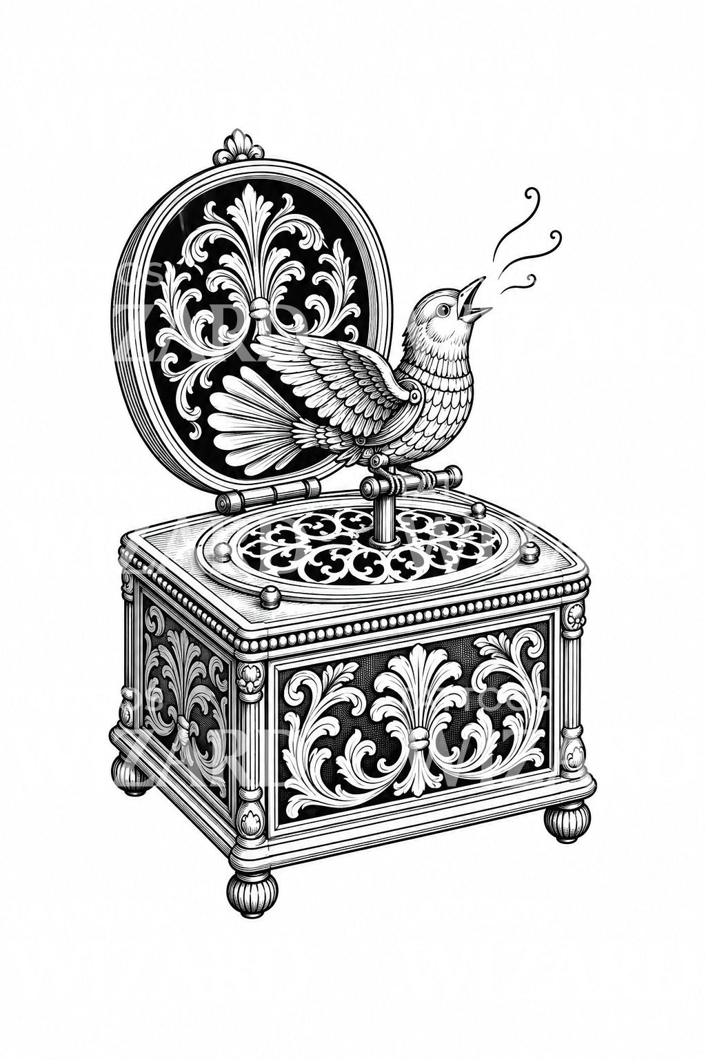 Design de tatuagem de caixa de pássaro cantor automática