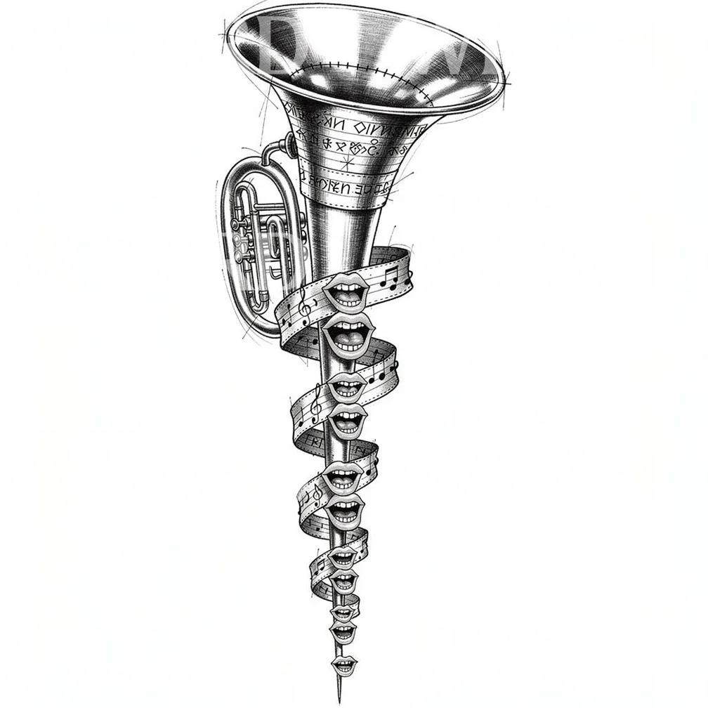 Design tatuaggio tuba che canta a spirale