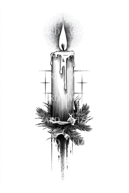 Single Winter Candle Tattoo Illustration