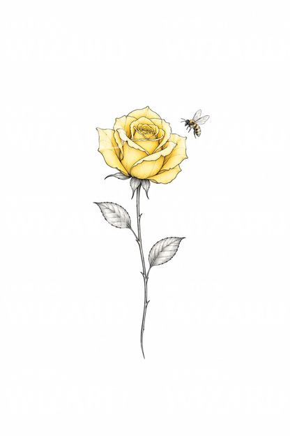 Fine line-tatovering med en gul rose og en liten bie