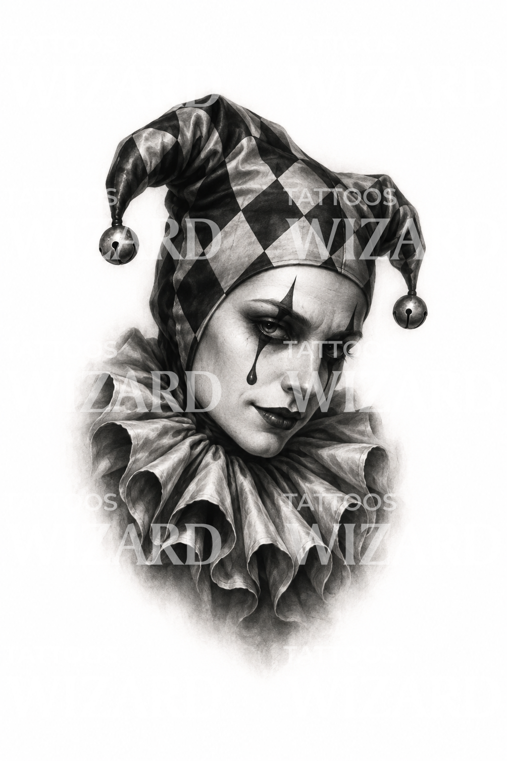 Tatouage de bouffon arlequin sinistre au col volanté