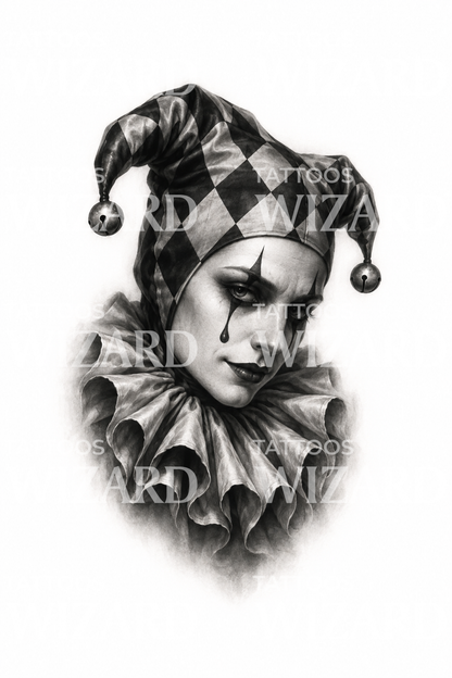 Tatouage de bouffon arlequin sinistre au col volanté