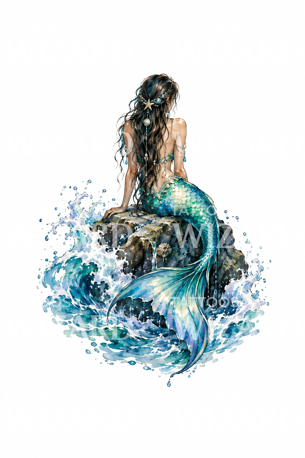 Akvarel-tatovering af en sirene på en havklippe