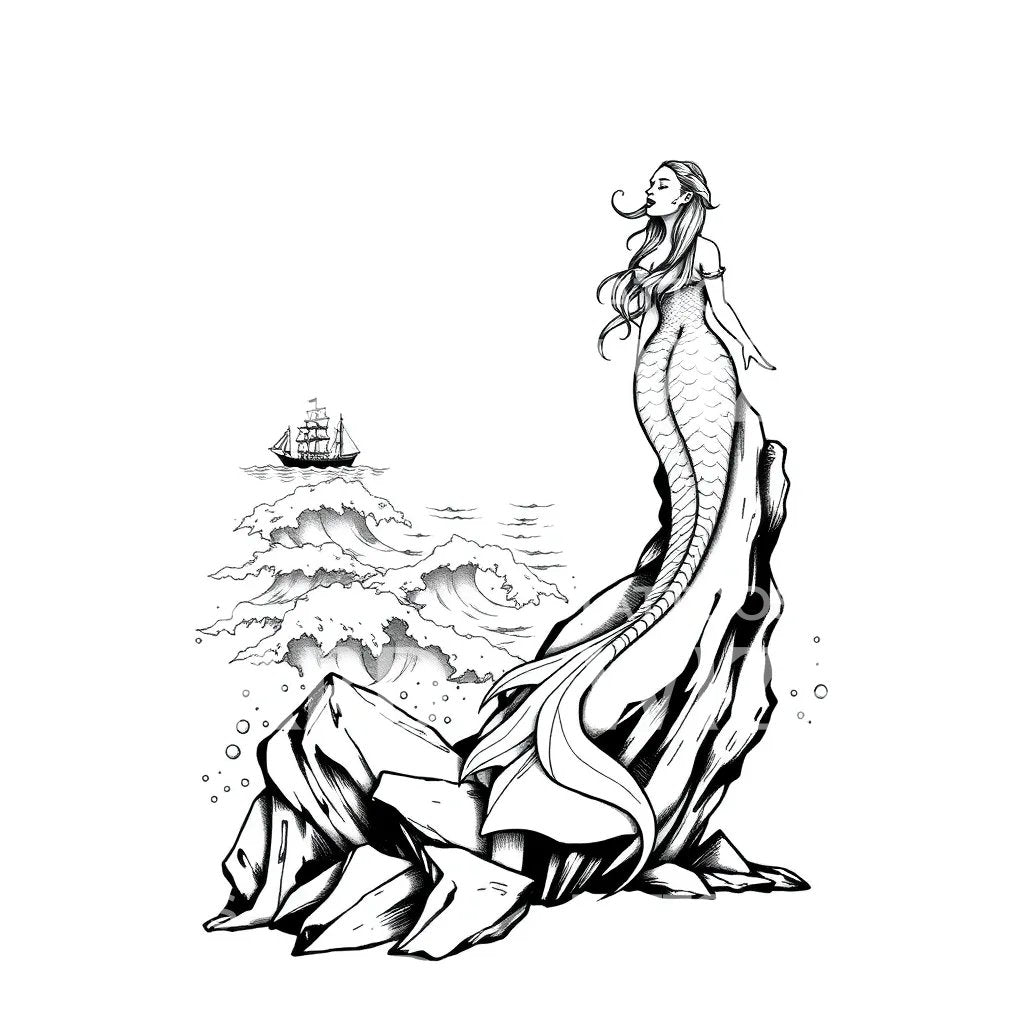 Siren on Rocks Tattoo Design