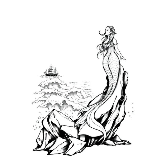 Siren on Rocks Tattoo Design
