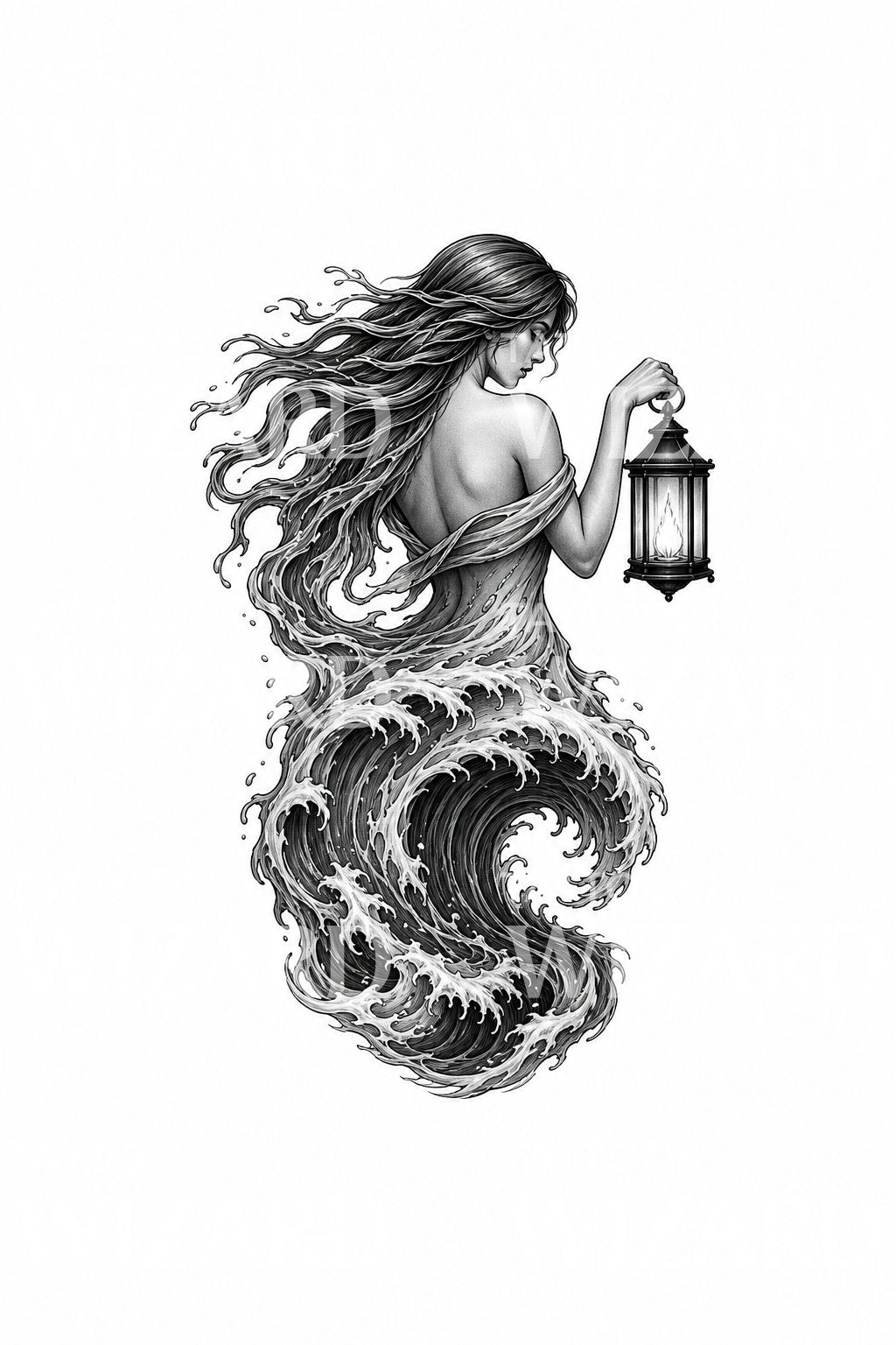 Siren with Storm Lantern Tattoo Illustration