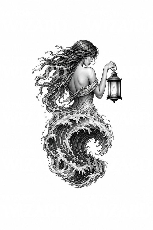 手持风暴提灯的塞壬纹身插画