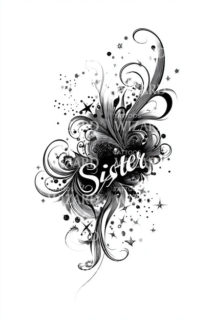 Sister Floral Swirl Tattoo Design