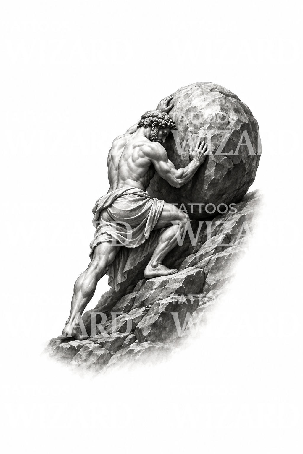 Sisyphus die de rots duwt, tattoo-ontwerp