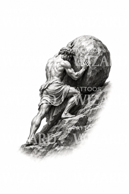 Sisyphus die de rots duwt, tattoo-ontwerp