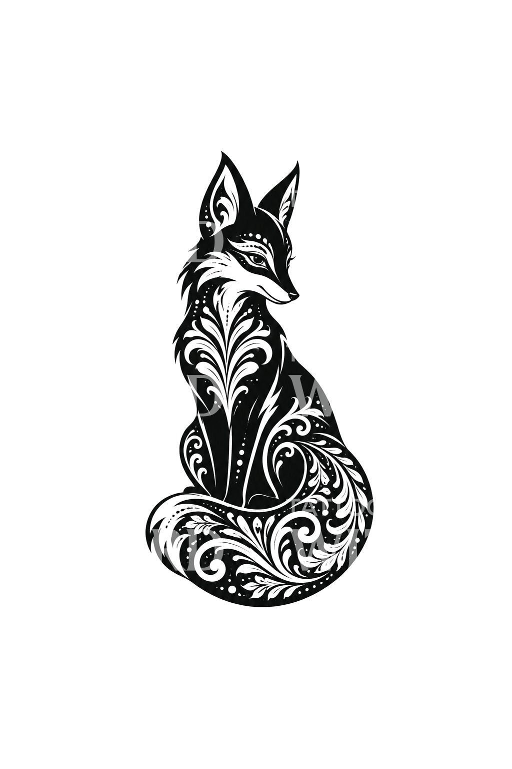 Sitting Fox with Paisley Scroll Tail Tattoo Design