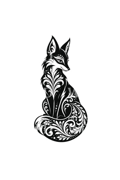Sitting Fox with Paisley Scroll Tail Tattoo Design