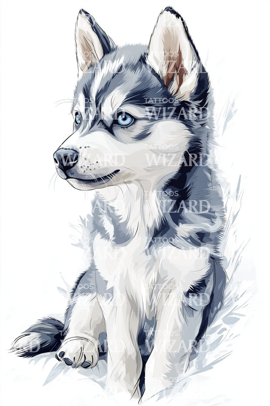 Siddende Husky Hvalp Tatoveringsillustration