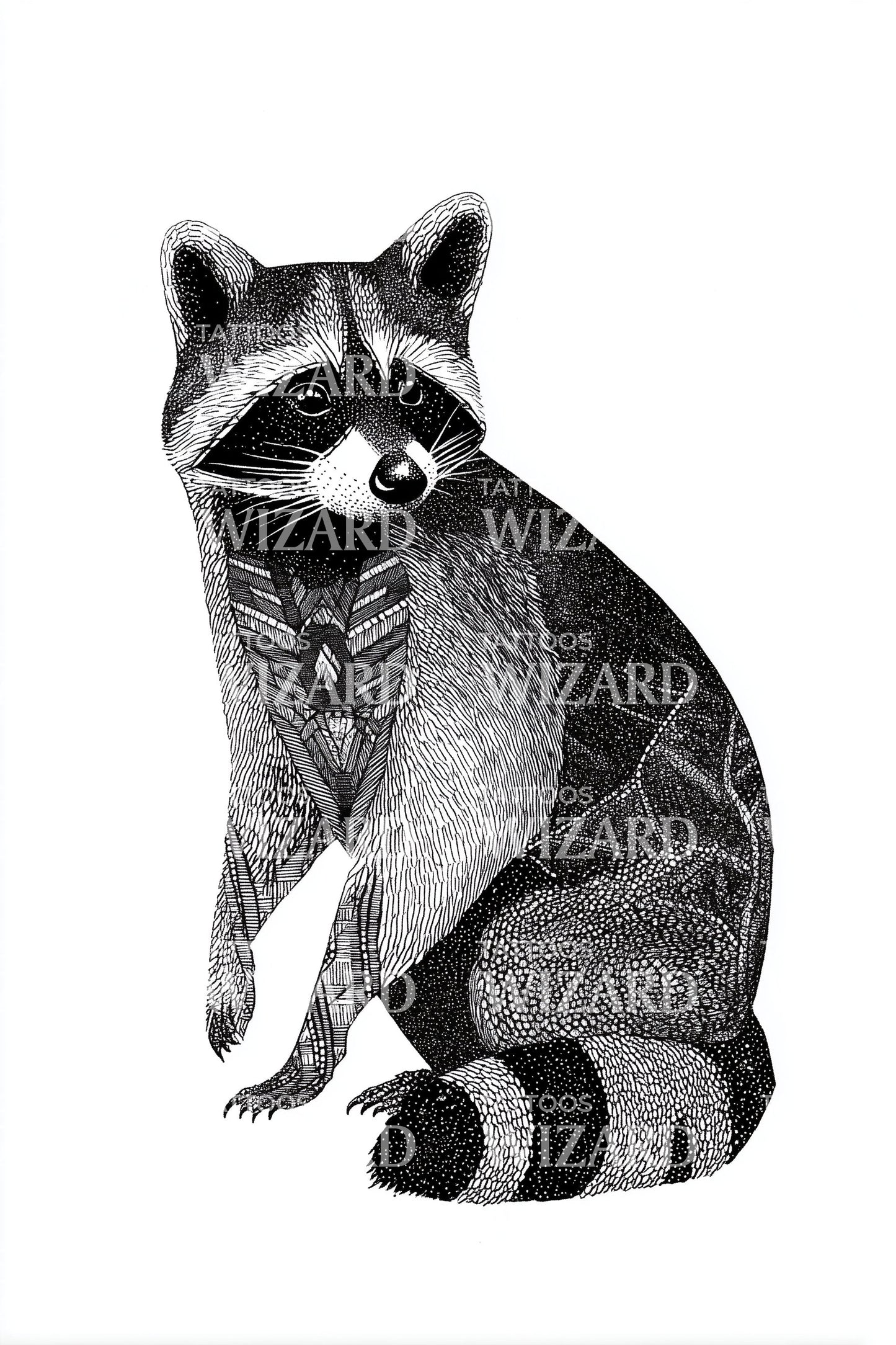 Sitting Raccoon Dotwork Tattoo Design