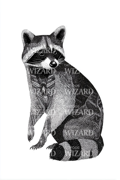 Sitting Raccoon Dotwork Tattoo Design