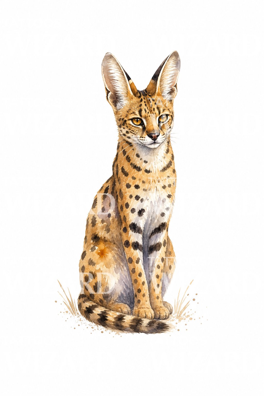 Sitting Serval Watercolor Tattoo Design