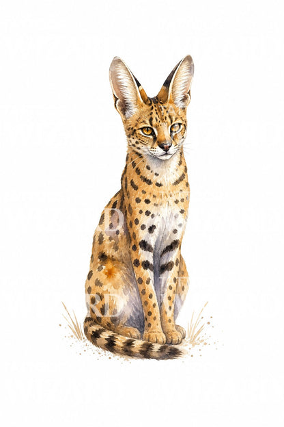 Sitting Serval Watercolor Tattoo Design