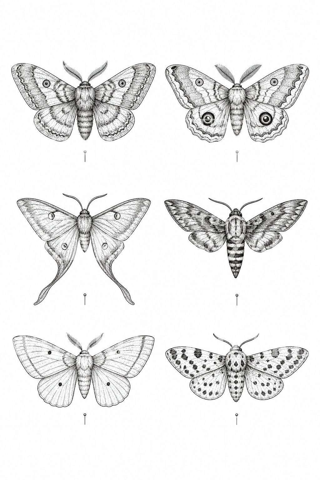 Illustrazione per tatuaggio a pannello con sei esemplari di falene