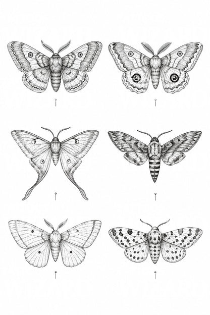 Illustrazione per tatuaggio a pannello con sei esemplari di falene