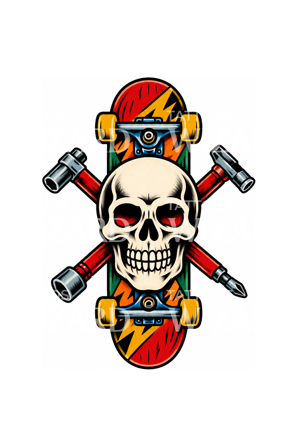 Tattoo mit Skateboard-Schädel und gekreuzten Werkzeugen