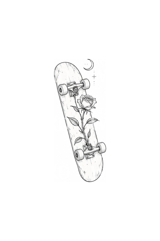 Tatuagem fine line de skate, rosa e lua