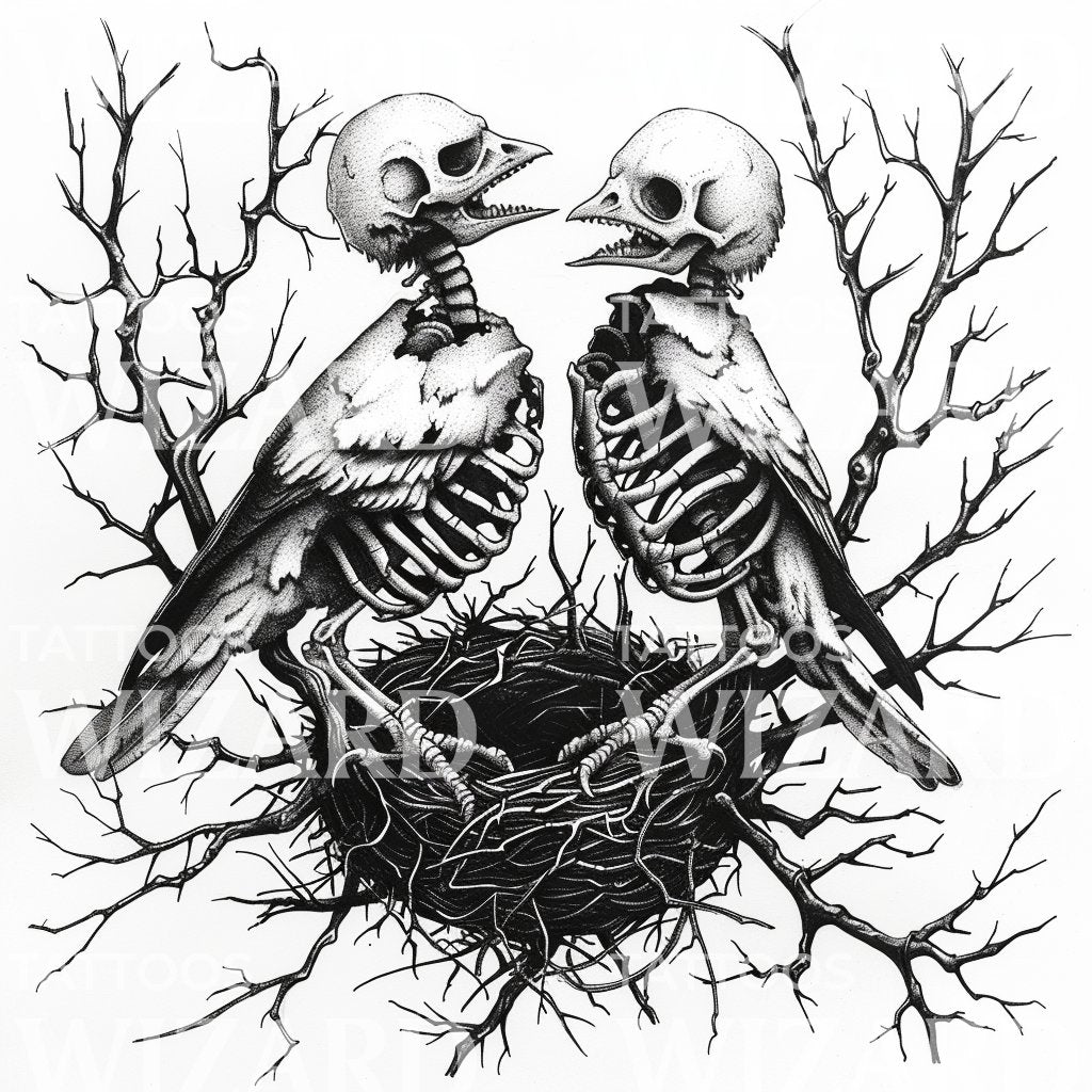 Skeleton Birds in Nest Tattoo Illustration