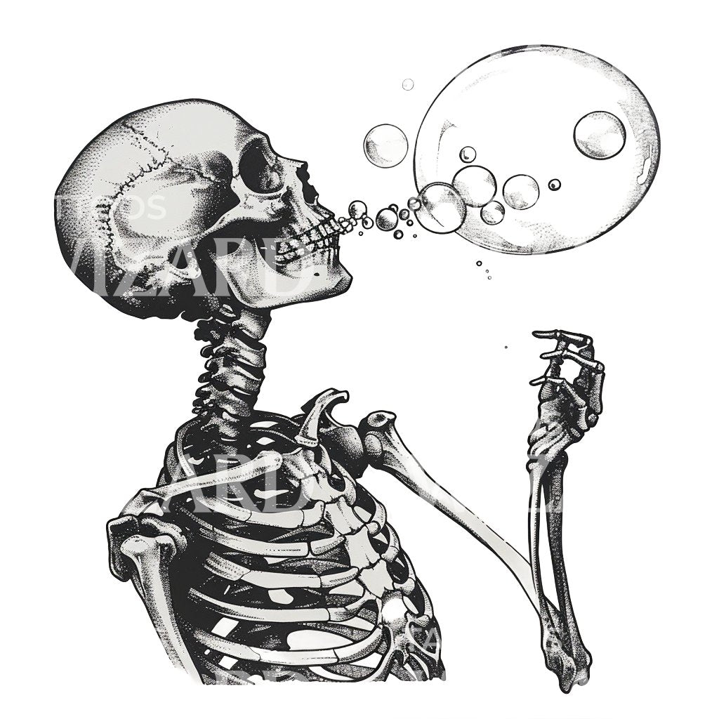 Skeleton Blowing Bubbles of Life Tattoo Design